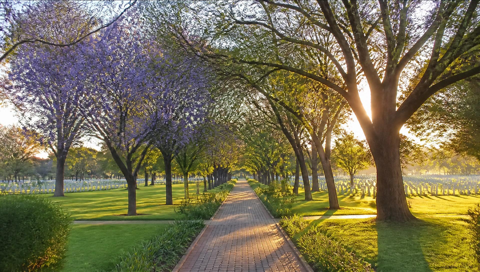 Tree-lined avenue running through the memorial estate at golden hour