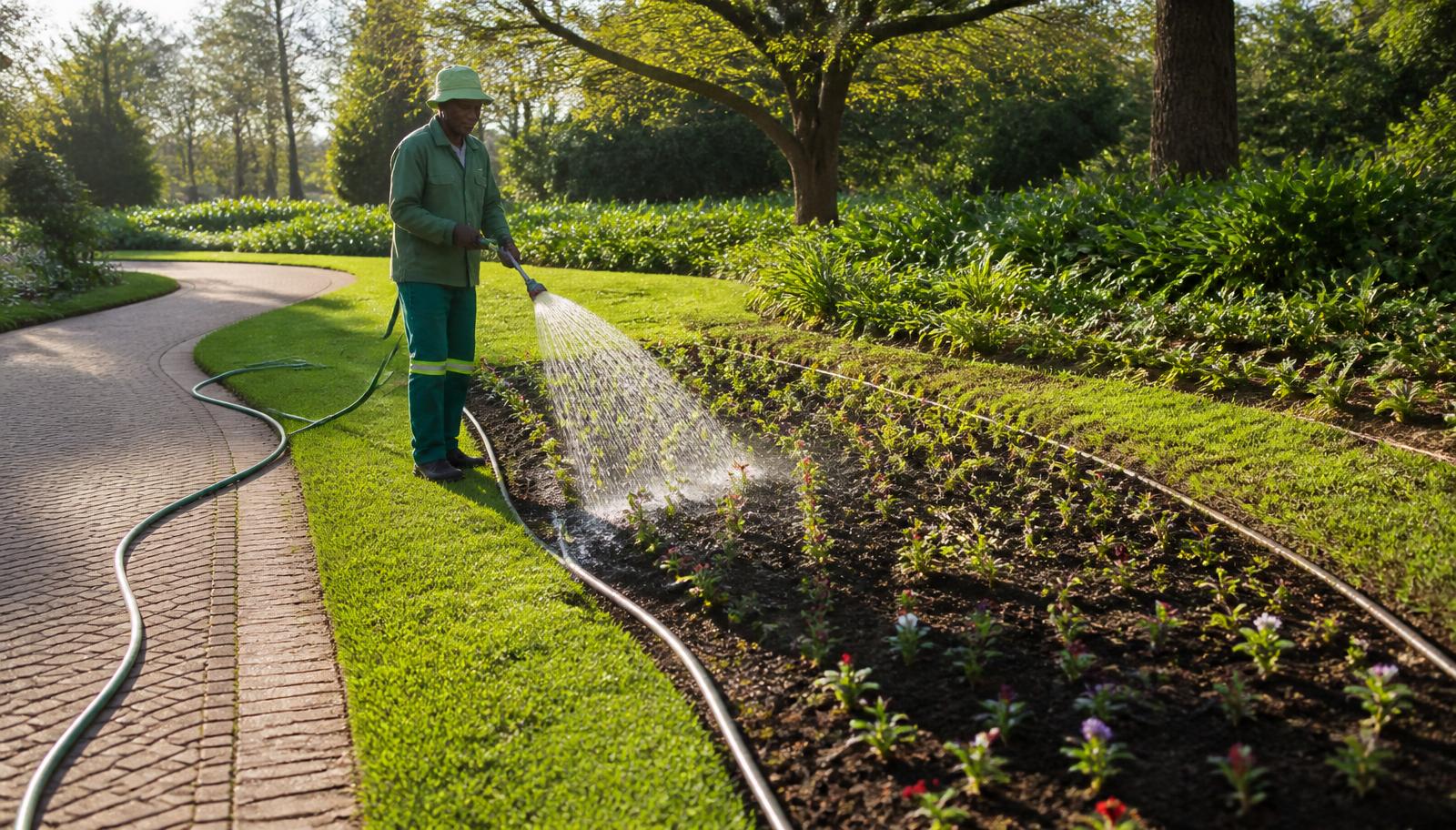 Grounds staff member watering newly planted flower beds beside a park pathway