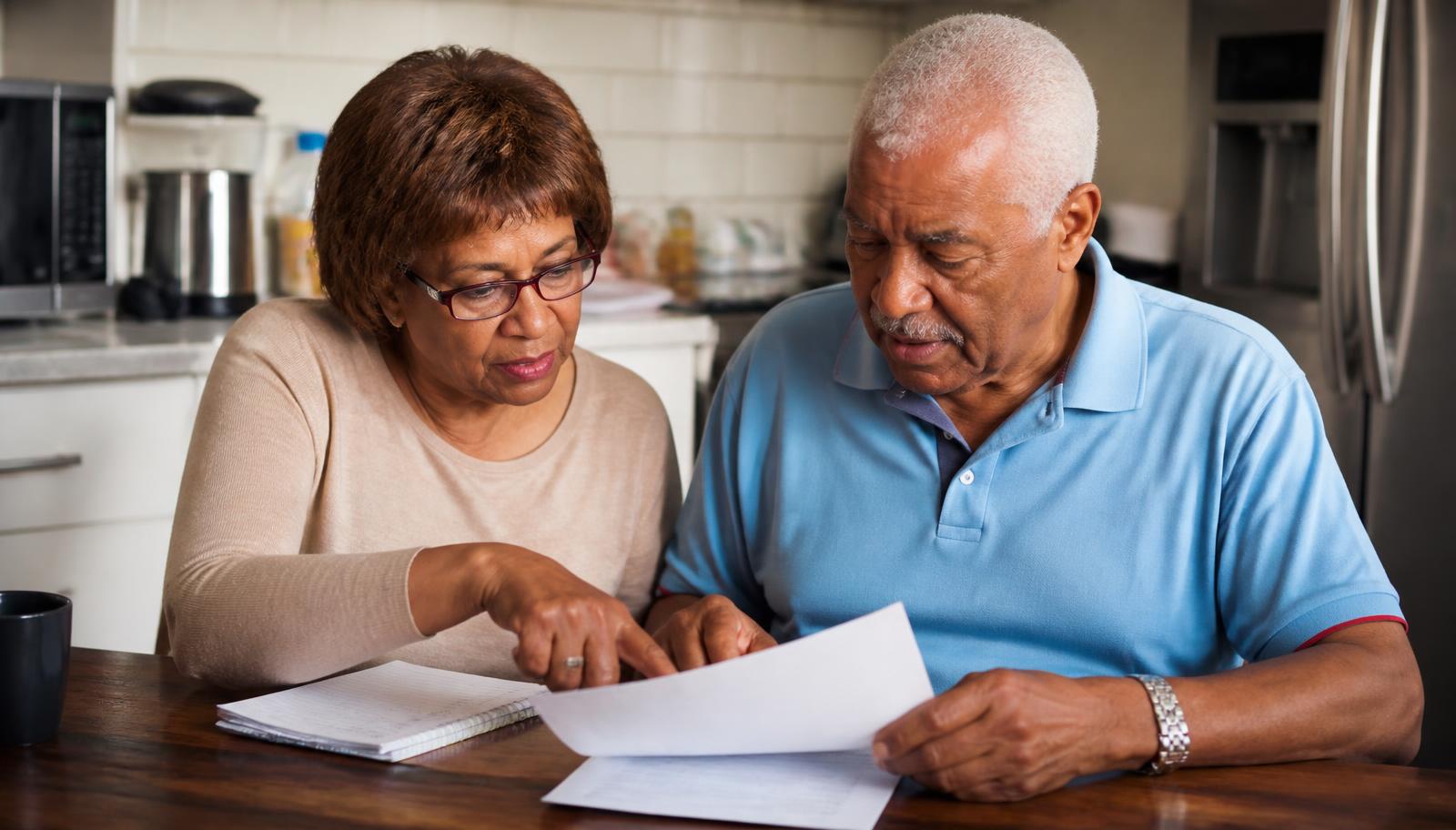 An older South African couple reviewing documents together at a kitchen table