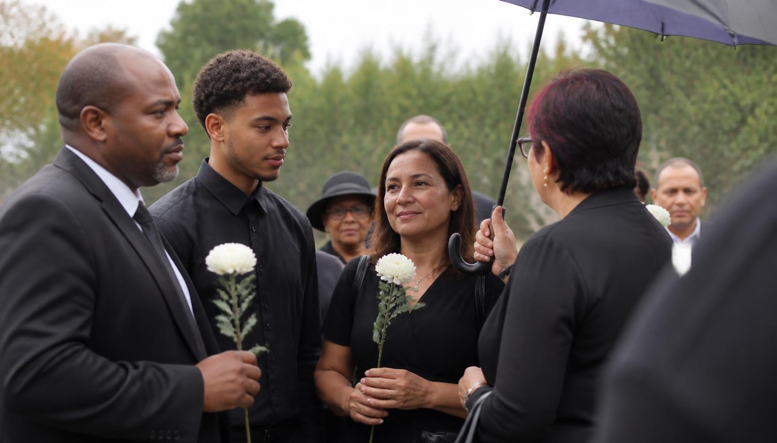 A small group gathered outdoors holding white flowers at a remembrance gathering