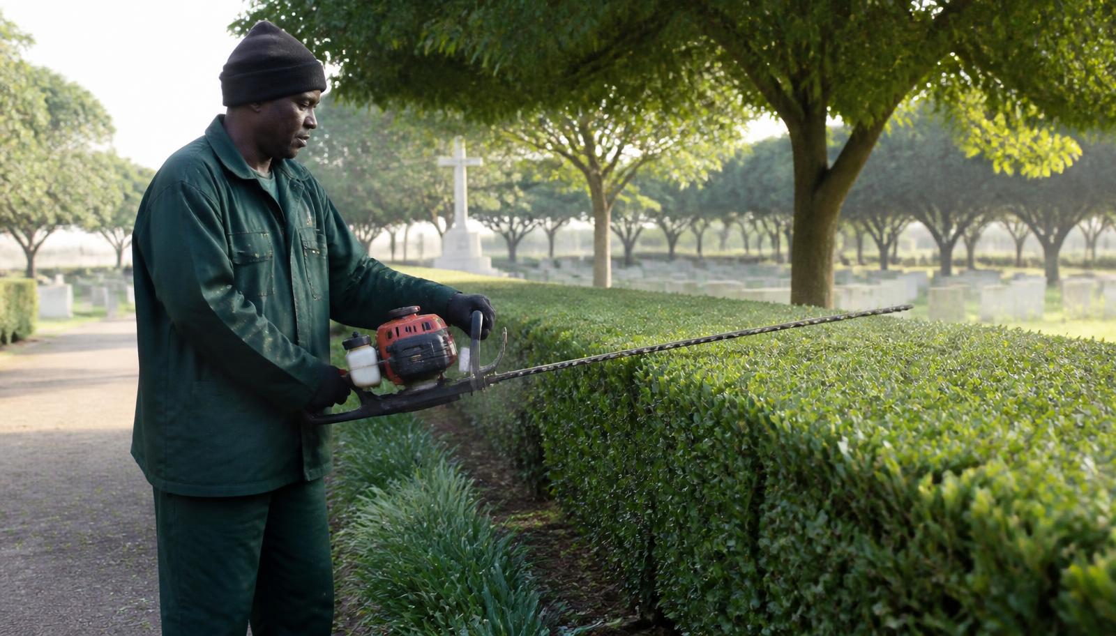 Groundskeeper in green uniform trimming a hedge along a memorial park pathway